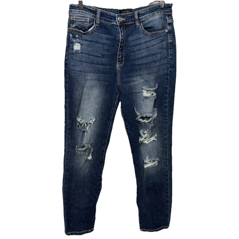 Judy Blue Relaxed Fit High Rise Distressed Dark Wash Jeans Women's 13/31